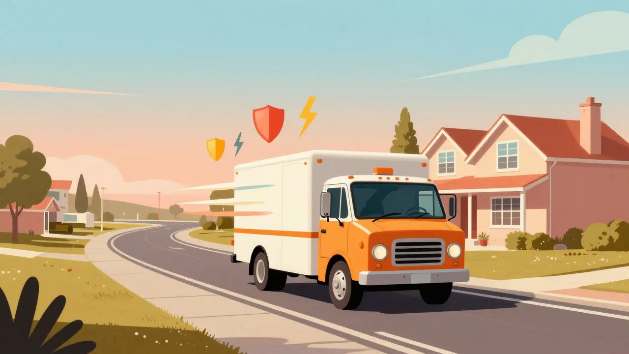 Stylized delivery truck bringing medicine to a suburban home