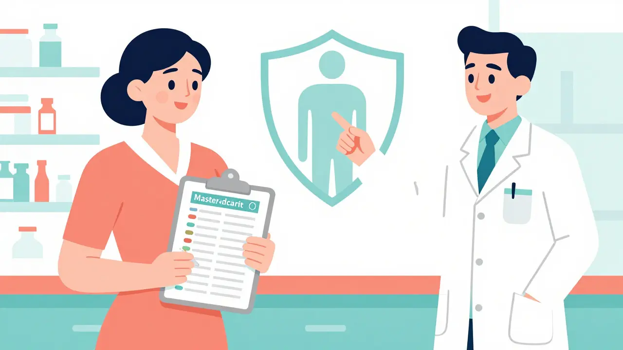 Stylized illustration of a patient holding a medical folder, protected by a symbolic shield.